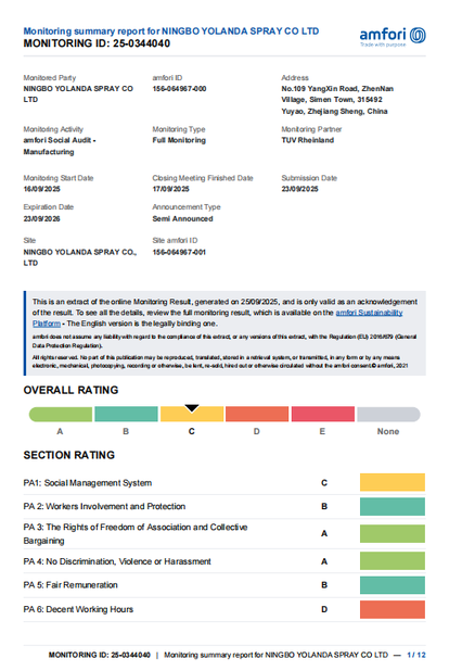 چین Ningbo Yolanda Spray Co., Ltd. گواهینامه ها